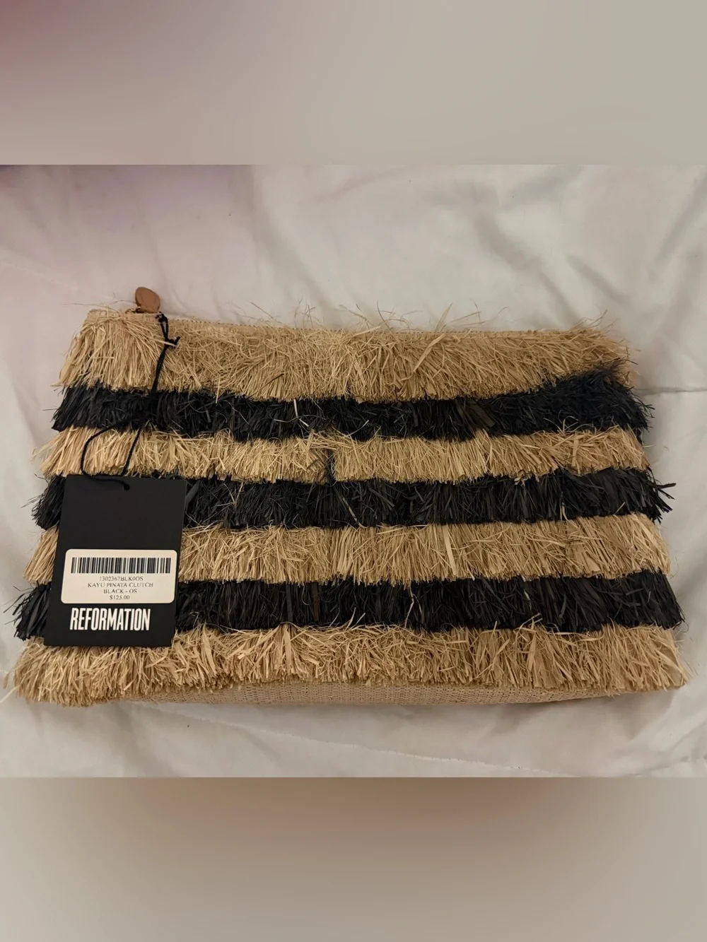 Reformation x Kayu Pinata Oversized Fringe Straw Clutch In Black